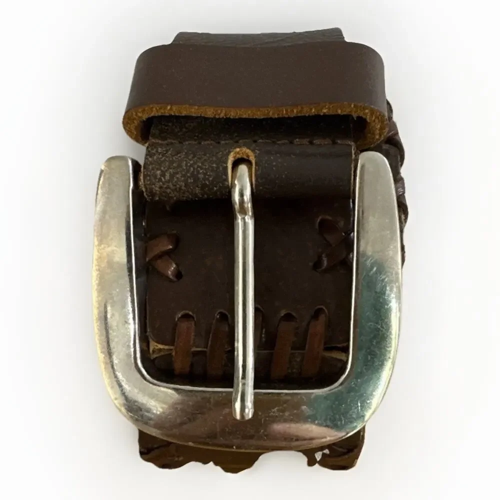 Unisex Stitched Leather Belt Brown Distressed 33-36” Waist 2” Wide